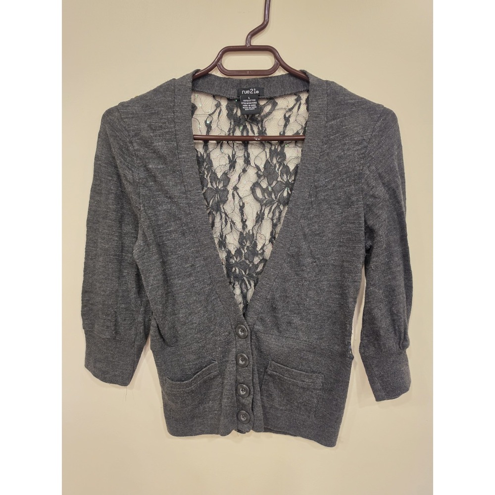 Vintage Y2K Rue21 Gray Floral Lace Sequin Cardigan Large Goth Grunge Scene